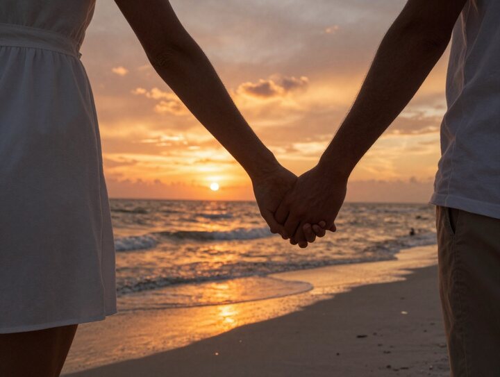 Two people holding hands against a glowing shoreline