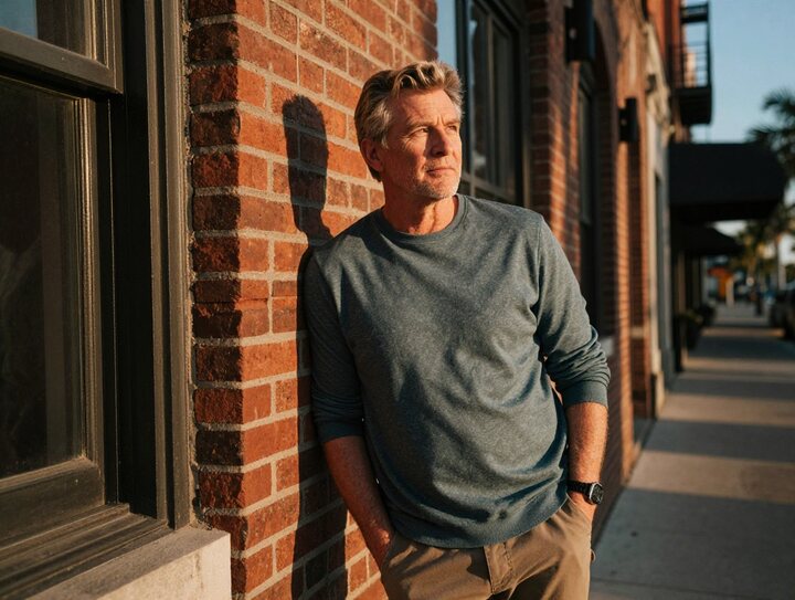 A relaxed lifestyle portrait beside an urban storefront