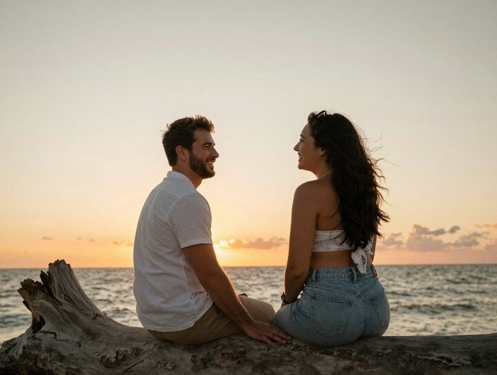 A relaxed couple seated together near the water