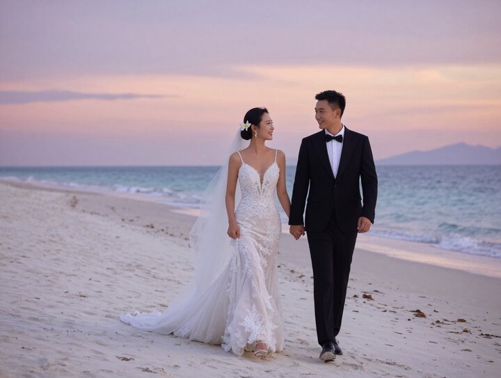 A wedding couple walking together along the shoreline