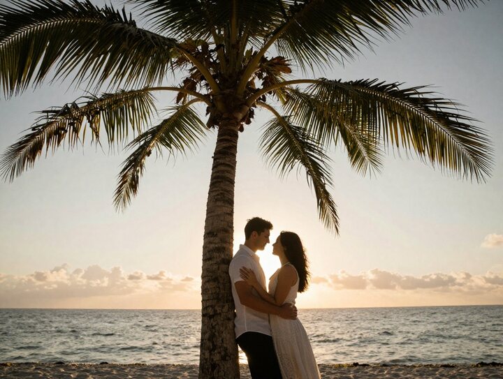 A couple framed beneath a palm tree at sunset