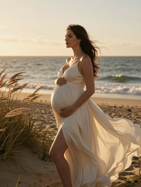A flowing maternity portrait beside the water