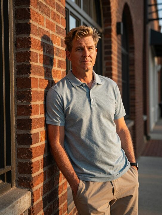 A natural portrait beside a warm brick wall