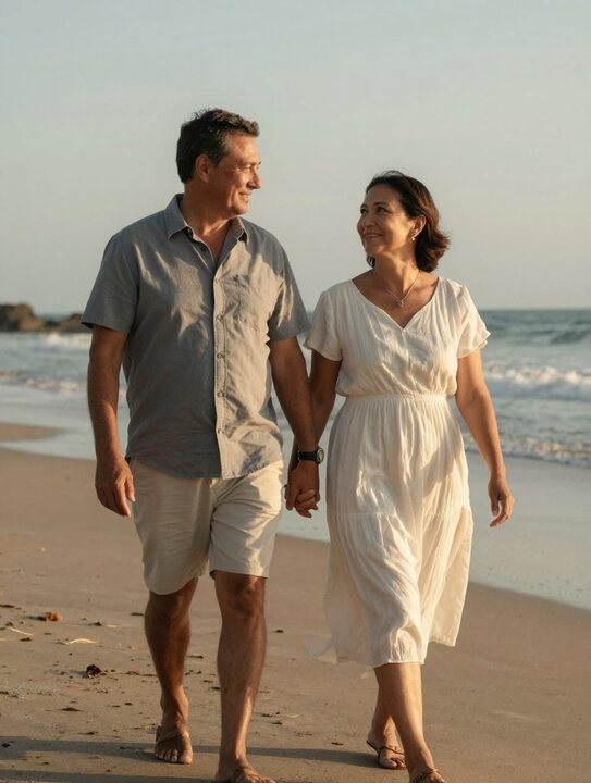 A couple walking together beside the sea