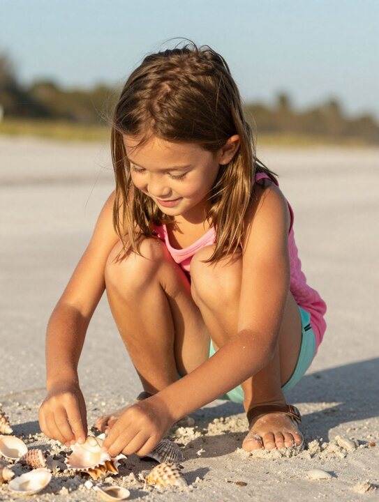 A child discovering seashells on the beach