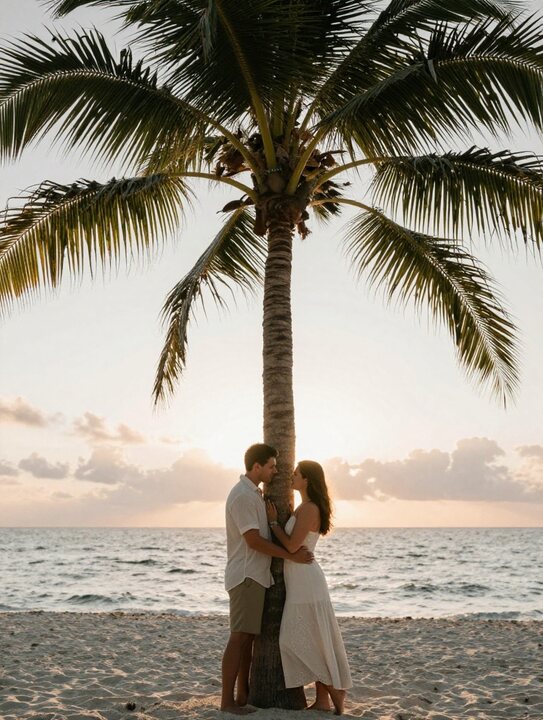 A couple embracing beneath a palm tree at the shoreline