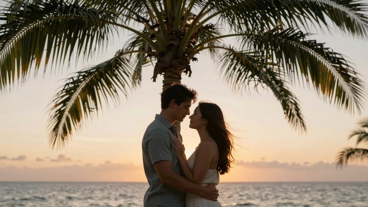 A couple embracing beneath a palm tree beside the water
