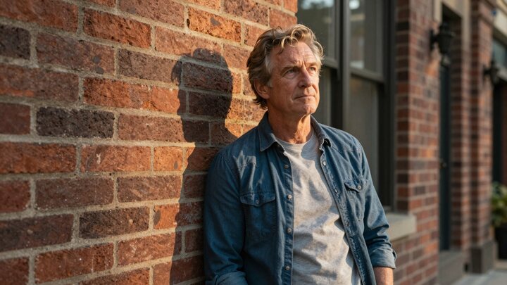 A thoughtful portrait in warm light beside brick architecture