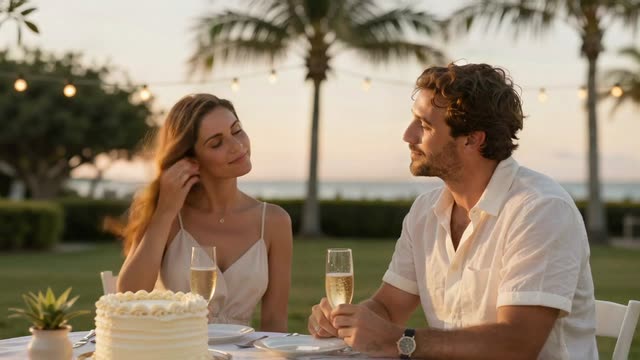 A couple sharing a celebration beside the water