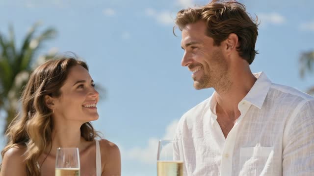 A couple enjoying cake and conversation in a coastal setting