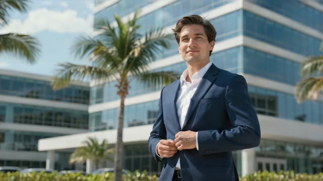 A professional portrait near modern buildings and palms
