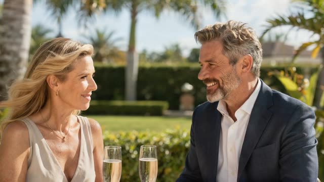 A couple celebrating together in a sunlit garden setting